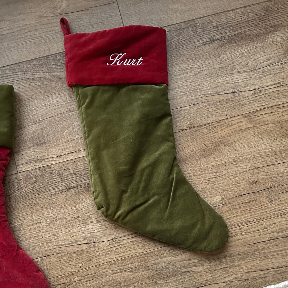 Pottery Barn Classic Velvet Red and Green Holiday Stocking “Kurt” - Medium